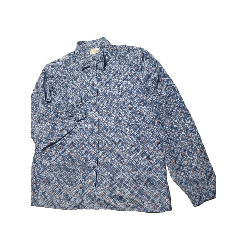 Vtg 70s Pykettes Button Down Bow Blouse Women's Size L Blue Pattern Shirt